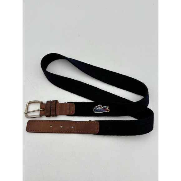 Vintage Lacoste Belt 38/95 Navy Woven Canvas Brown Leather Brass Buckle Logo - Picture 1 of 6